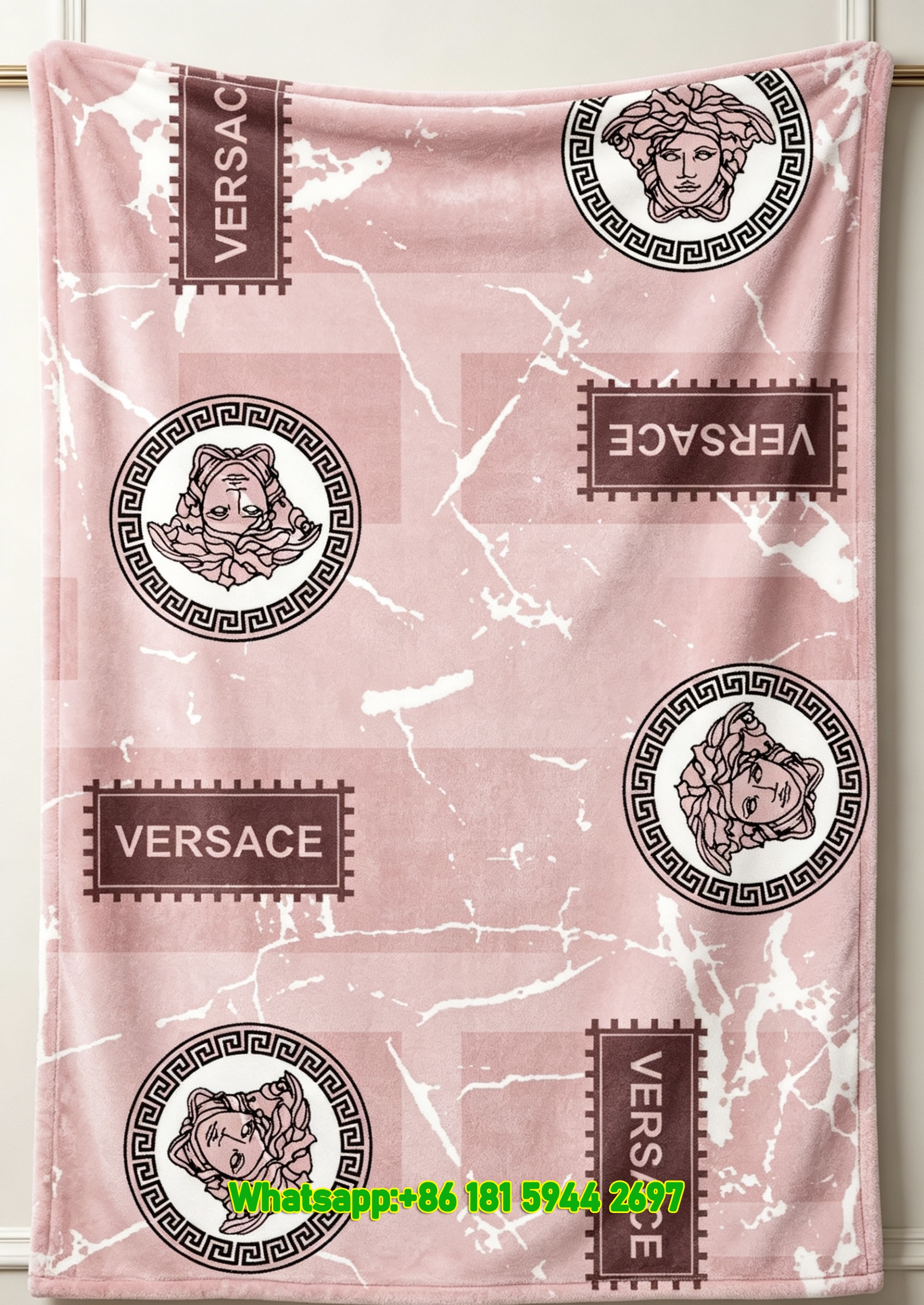 Versace Pink Marble Medusa Print Flannel Throw Blanket IMG_1360